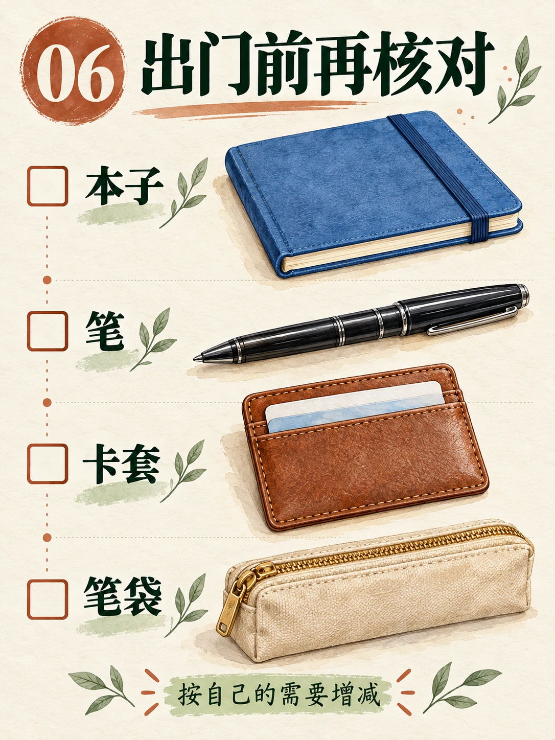 Codex-generated page 06 with four checkbox rows labeled 本子, 笔, 卡套, and 笔袋, matching object illustrations, and the footer 按自己的需要增减.